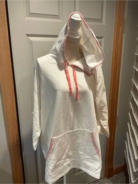 Denim&Co Cream Hoodie with Coral/ Pink Trim 2x